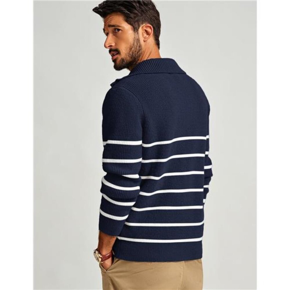 Men's Quarter Zip Sweater Striped Mock Neck Pullover Sweater - Picture 3 of 6